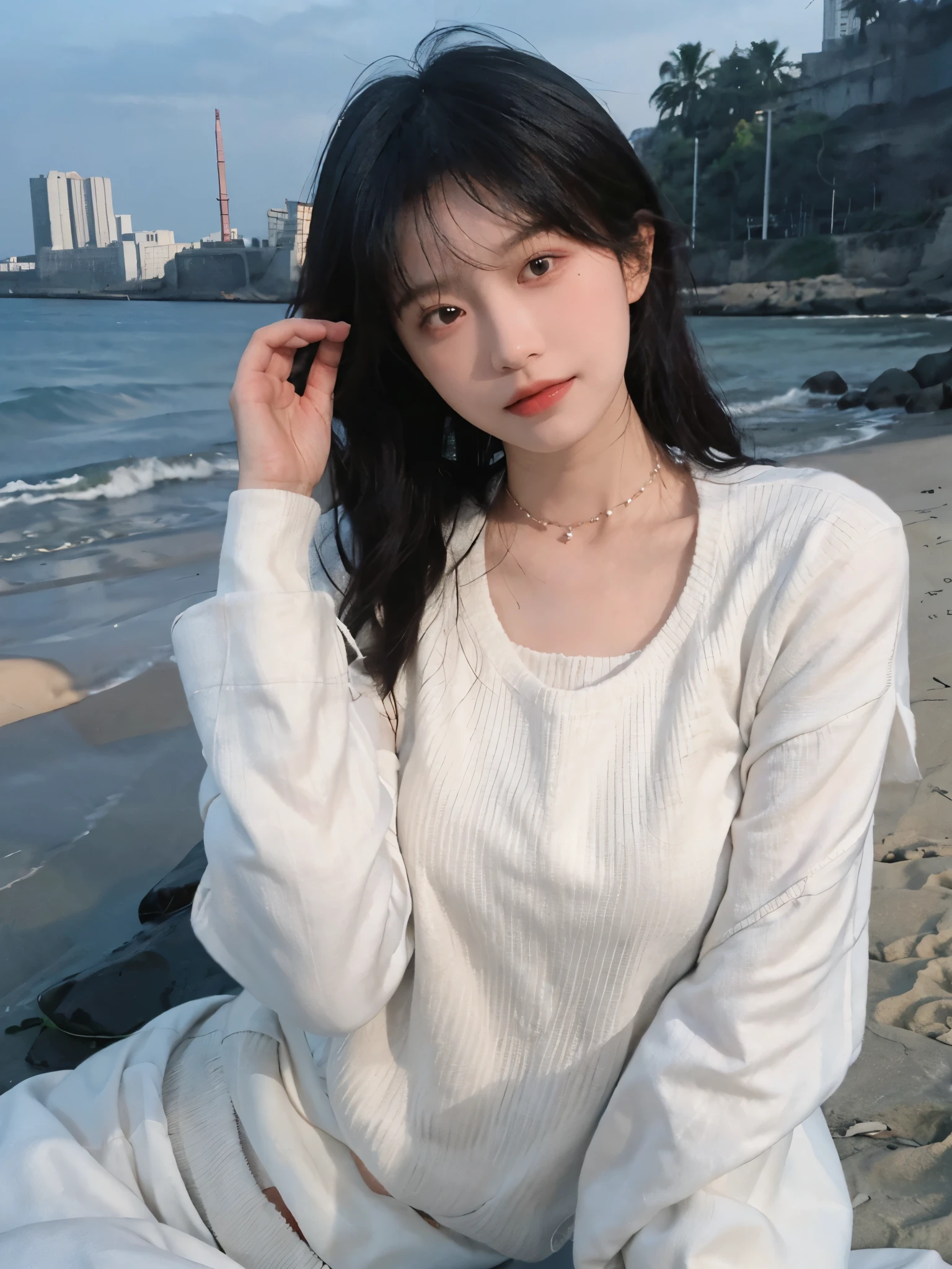 best qualtiy, Ultra-high resolution, (realisticlying:1.4),cute hairpin,1girll,with long coiled hair,Quartered sweater ,Blushlush,Beautiful woman with a slim figure:1.4, Pronounced abs,On the sandy beach,Ultra-fine face,Elaborate Eyes,double eyelid,choker necklace