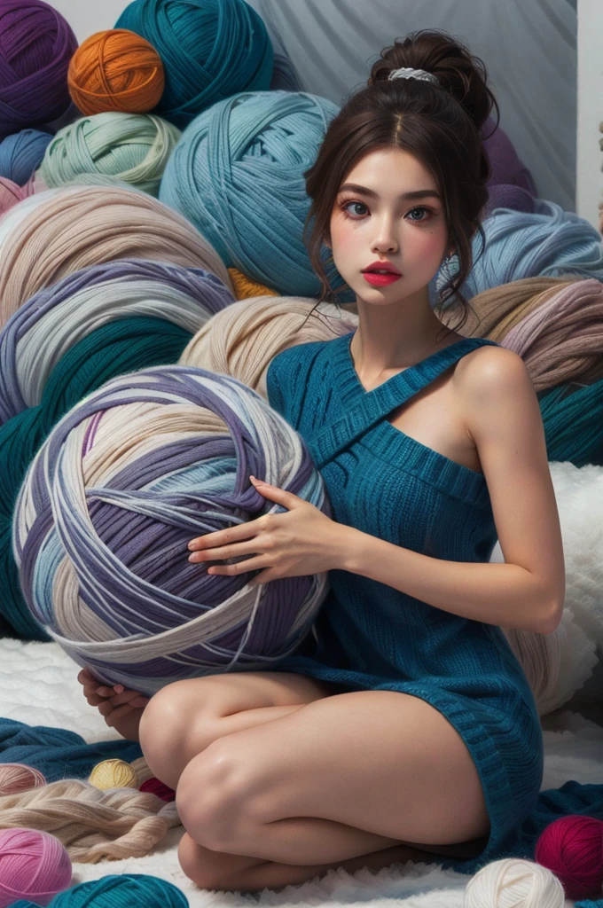 masterpiece, best quality, 1 girl with hair Brown:1.5, and green eyes, dark purple shoulder t-shirt,  giant yarn ball