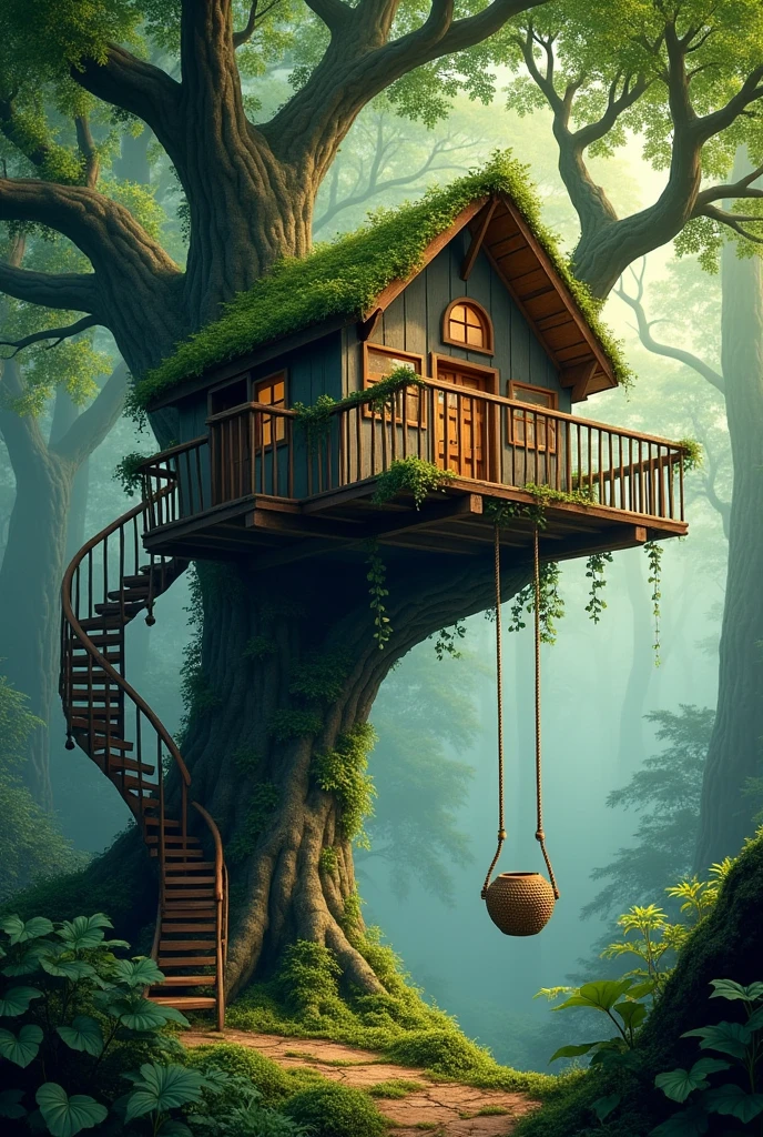 The treehouse was perched high among the branches, almost hidden by the thick leaves. A rope ladder hung down, swaying slightly in the breeze.