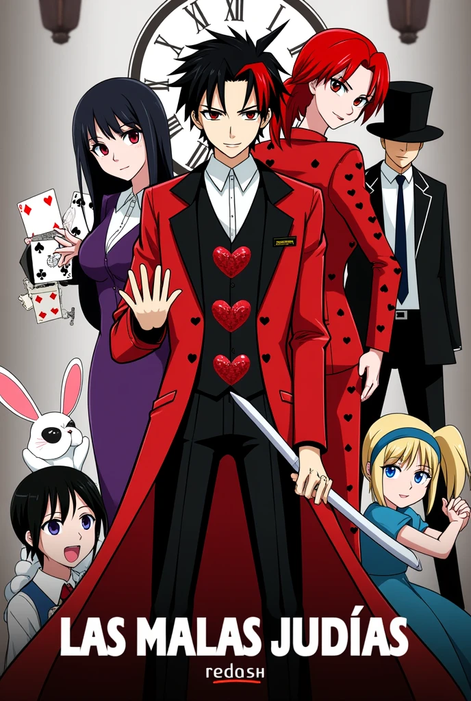 Poster of the series Las Malas Judías by Reddish:
A young man with black and red hair,red and black suit and design of black and red hearts ,with a deck of cards in his hand and a sword in the other ,behind her a woman with red hair and a red suit with a design of black hearts,On one side a white rabbit with a clock,on the other side a girl with black hair and blue eyes and a violet dress,in the lower right corner a blonde girl in a blue dress with a blue hairband and behind it all a man in a suit with a large hat