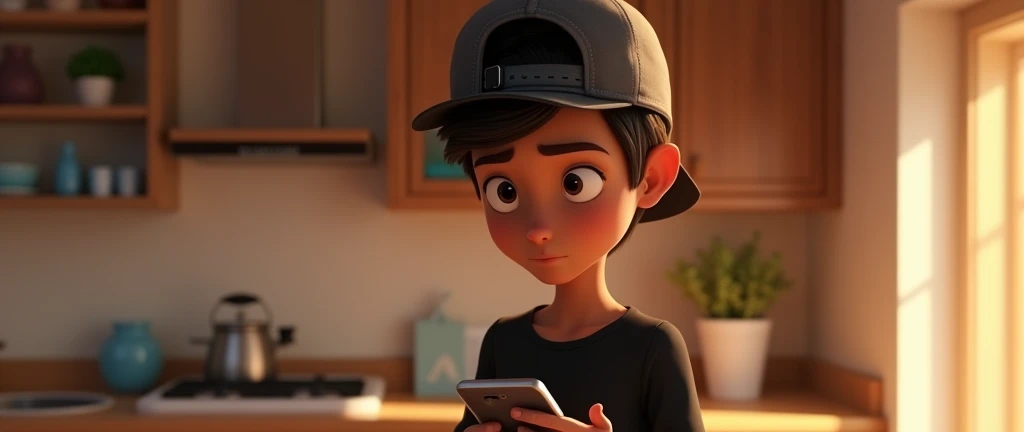 ( male character) a young boy animated movie in the Disney Pixar style, high qualiy, best qualityer , beautiful face brown skin, short straight hair , beautiful eyebrow , wears black shirt , wears a backwards cap, is messing with her smartphone, in the kitchen of her house