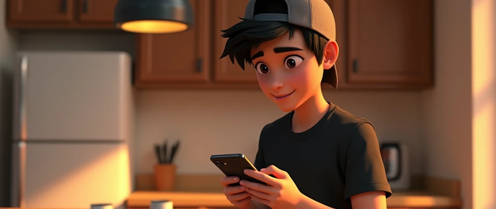 ( male character) a young boy animated movie in the Disney Pixar style, high qualiy, best qualityer , beautiful face brown skin, short straight hair , beautiful eyebrow , wears black shirt , wears a backwards cap, is messing with her smartphone, in the kitchen of her house