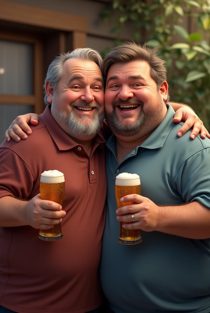 Two chubby friends with a beer in their hands hugging and happy