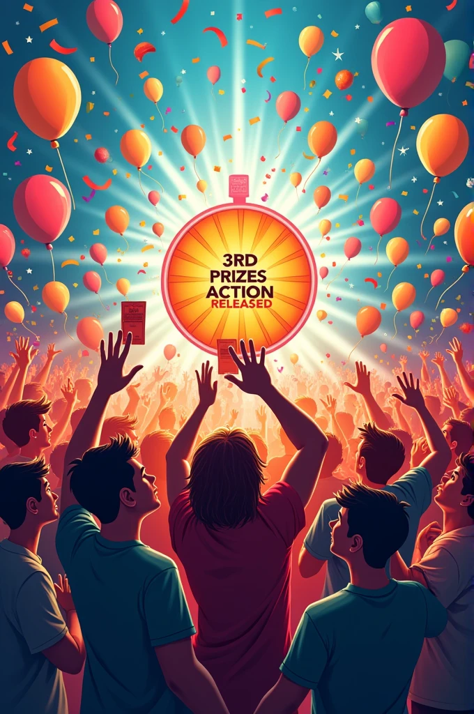 Make an artwork with the title 3RD PRIZES ACTION RELEASED. Place some elements that highlight a raffle or prize draw. Use bright, eye-catching colors.