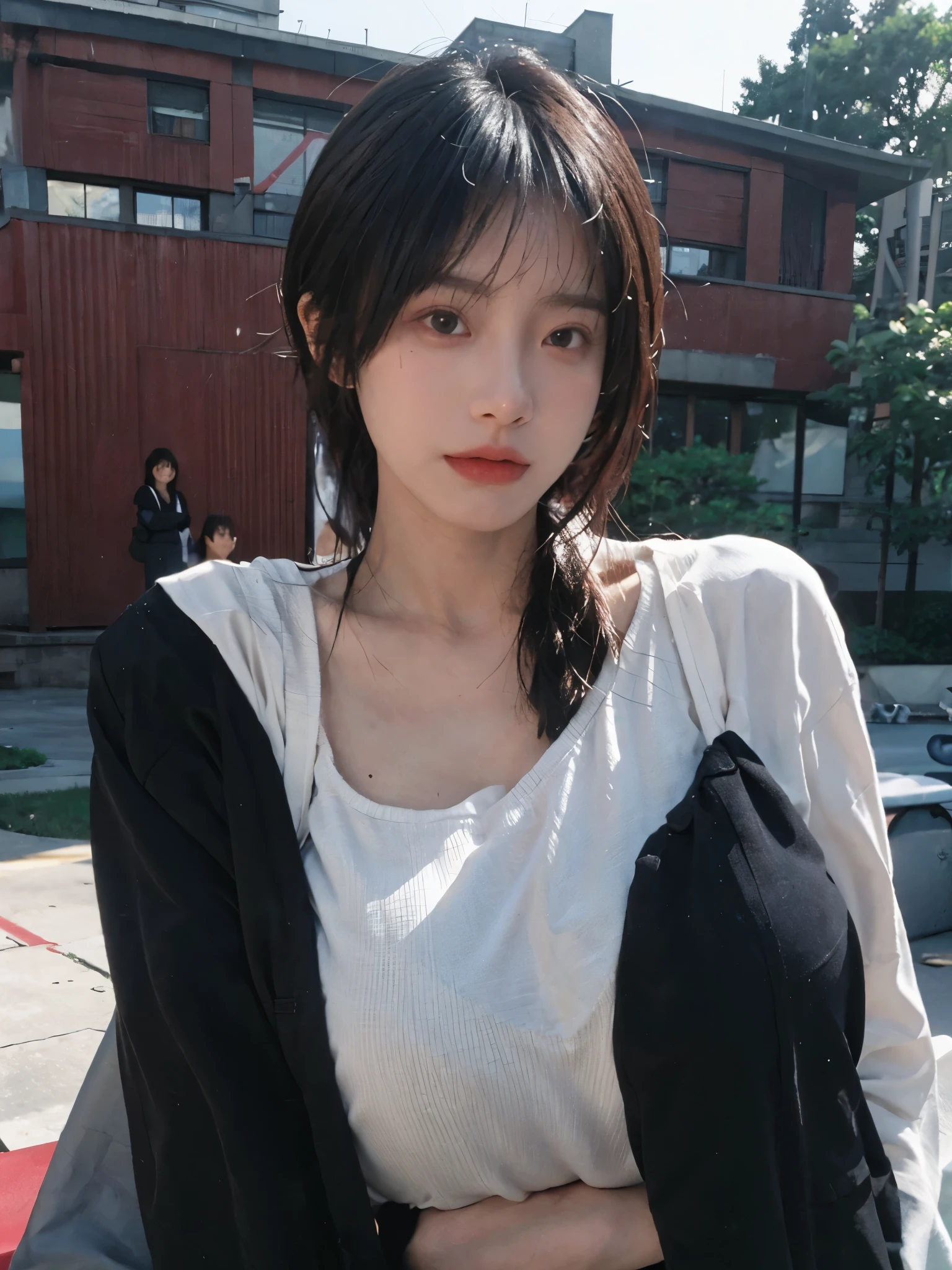Best Quality, Masterpiece, Ultra High Resolution, (Realistic: 1.4), 1 Girl, Sexy, (Campus: 1.2), (Big Breast: 1.3), (Upper Body: 1.4)