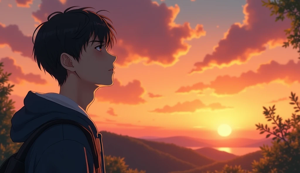 A Japanese male college student stares into the distance with a somber expression.,Excited, Against the backdrop of the sunset, with a natural look, With a slightly tired look, tilt your face a little, Diagonal orientation, Average face