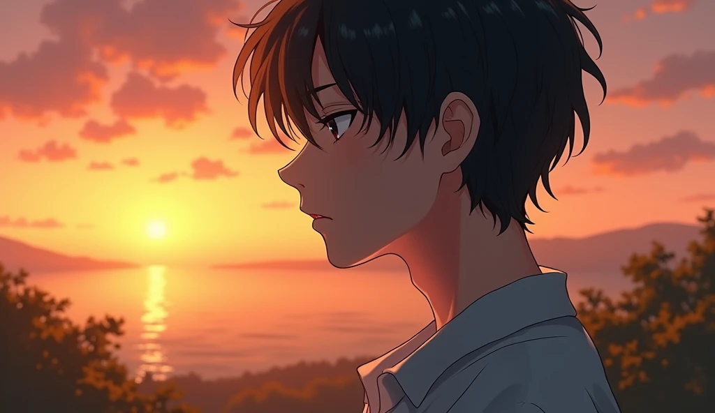 A Japanese male college student stares into the distance with a somber expression.,Excited,  Against the backdrop of the sunset, with a natural look, With a slightly tired look, tilt your face a little, Diagonal orientation, Average face