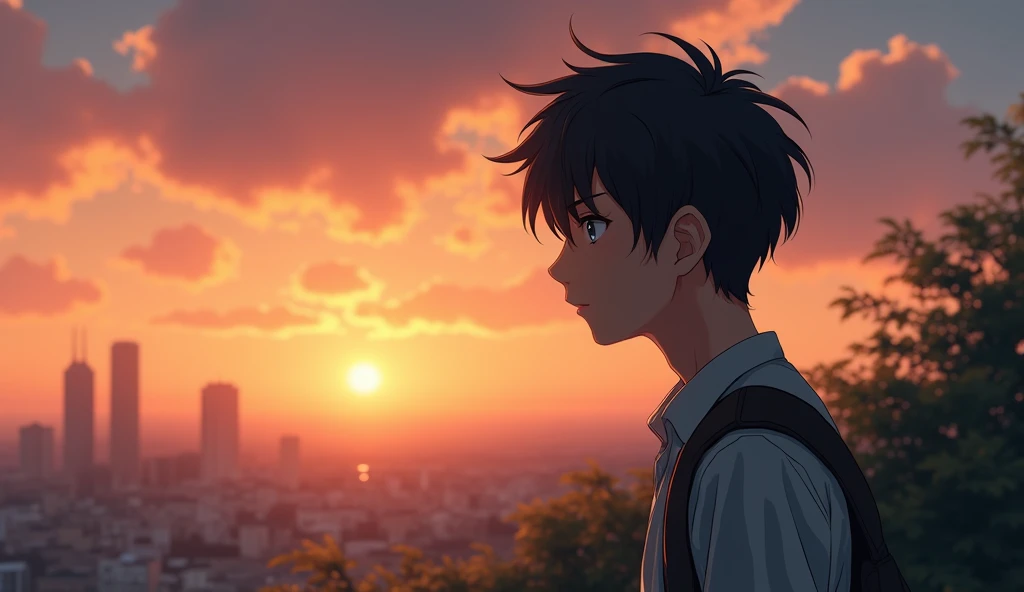 A Japanese male college student stares into the distance with a somber expression.,Excited, Against the backdrop of the sunset, with a natural look, With a slightly tired look, tilt your face a little, Diagonal orientation, Average face