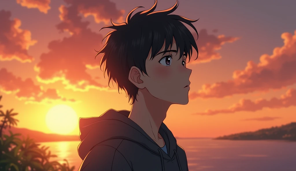 A Japanese male college student stares into the distance with a somber expression.,Excited,  Against the backdrop of the sunset, with a natural look, With a slightly tired look, tilt your face a little, Diagonal orientation, Average face