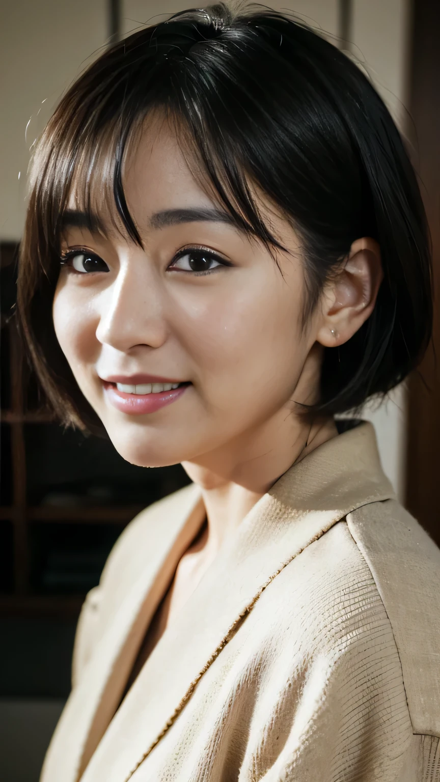 Portraiture、8k、high quality、Realistic Photographic Images、60 years old、Japanese women、A good wife、Close-up photo with focus on face、housewife、Natural and realistic eyes、Japanese Stand、Beautiful black hair、short hair、light makeup、Octane Rendering、Beautiful lighting、Golden ratio composition、Laughter、beige、Plain、Formal suit、Natural background、Blurred Background、high resolution、Pure Japanese humanity、Beautiful wife、a little heavy makeup、Pure beauty、Private Server、smile、Small black eyes、Background blur