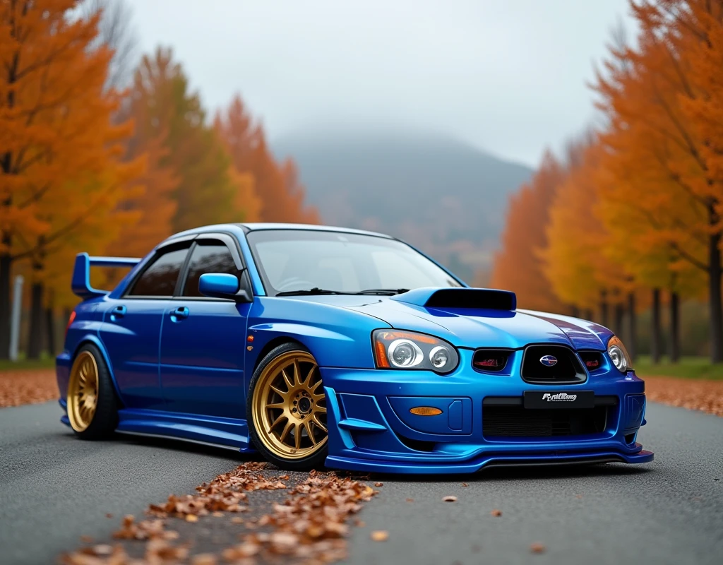 A stunning film-style image featuring a modified blue Subaru Impreza WRX STI, parked gracefully on a gravel surface. The car boasts a low stance, wide, gold-colored aftermarket wheels, and a prominent front lip spoiler, giving it a sleek and aggressive appearance. The background showcases a picturesque autumn scene with vibrant orange and yellow leaves on the trees, set against a cloudy sky. The harmonious combination of the modified car and the serene natural setting creates a visually striking and memorable image.

