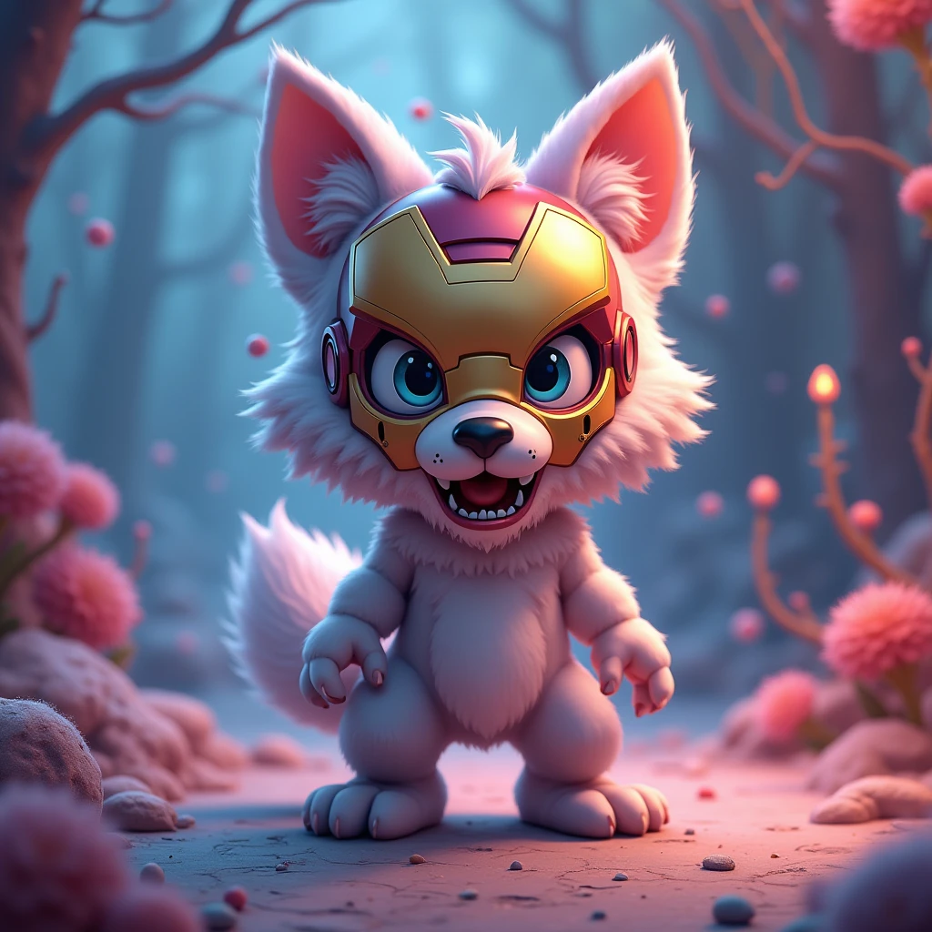 a whimsical caricature of an anthropomorphic werewolf wearing a ironman mask, soft pastel colors, ethereal punk atmosphere, Looney Tunes art style, cartoon character, digital art, character design, hyperrealistic, detailed portrait, highly detailed, 4k, 8k, photorealistic, masterpiece, best quality