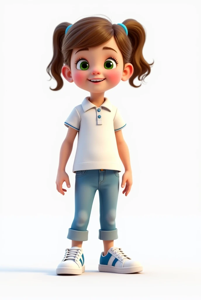 A  was 5 ., disney, , pixar , 3d, skin fair, greeneyes , light brown hair taller, with a white polo shirt , Light blue jeans , white sneakers with blue details, white background . 