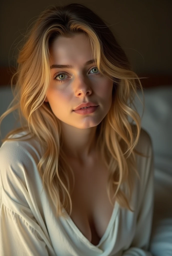 Une jeune et belle femme de 20 ans, coiffure cheveux blonds, visage parfait, Il tombe doucement sur vos épaules en vagues., moyen-élevé, grands yeux verts regard perçant, à la peau claire, J&#39;étais en pyjama, Elle était au lit, Prenez soin de vos cheveux avant d&#39;aller au lit., L&#39;environnement est éclairé par des lumières chaudes et agréables..，fais briller tes cheveux, Son visage était naturellement serein., lèvres avec rouge à lèvres, Texture 8k, très détaillé, réaliste, lumière douce et cinématographique, HDR, netteté, chef-d&#39;œuvre, Fotor est réaliste, photographie primée, un Canon EOS R5, 35 millimètres