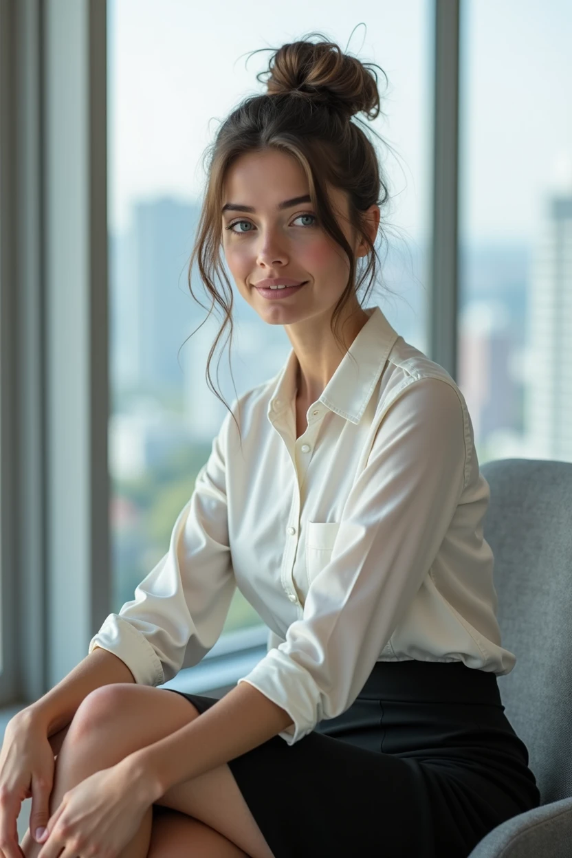"A photorealistic full-body image of a beautiful young woman, named Emily, with slightly darker brown hair styled in a casual, messy bun. She has striking blue eyes and fair skin. Emily is seated sideways on a chair in a modern office environment. She is wearing a white blouse tucked into a fitted black skirt. Her posture is poised yet relaxed, with her upper body slightly leaning forward as if she is engaged in a conversation. One of her hands is resting on her knee while the other is subtly gesturing, emphasizing her engagement in the conversation. The chair she is seated on is modern, with clean lines, and the background features large windows with a cityscape view, softly blurred to keep the focus on Emily. The lighting is soft and natural, highlighting her professional yet approachable demeanor."