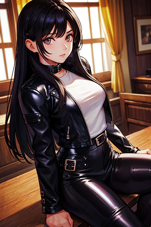 Long fringed hair、1girl in、Glossy leather rider jacket､Leather、Tight skirts、(top-quality:1.4)、(超A high resolution:1.2)、(A detailed eye)､a room