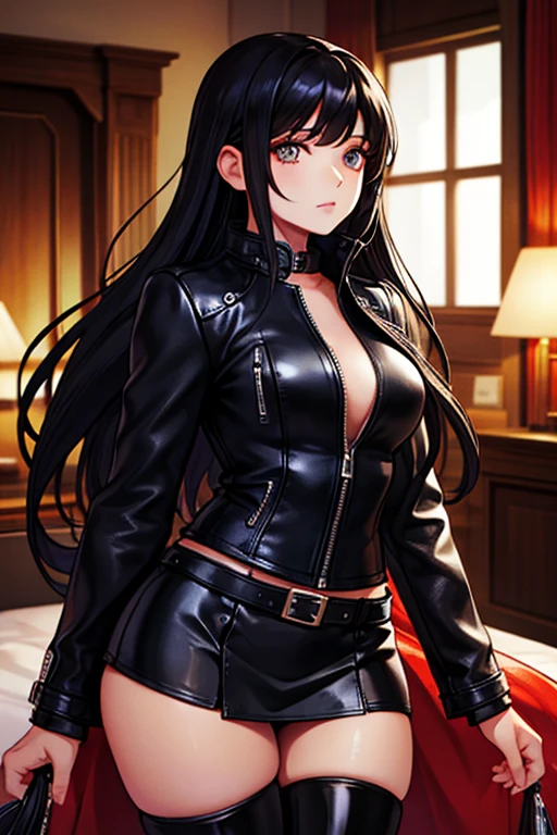 Long fringed hair、1girl in、Glossy leather rider jacket､Leather、Tight skirts、(top-quality:1.4)、(超A high resolution:1.2)、(A detailed eye)､a room