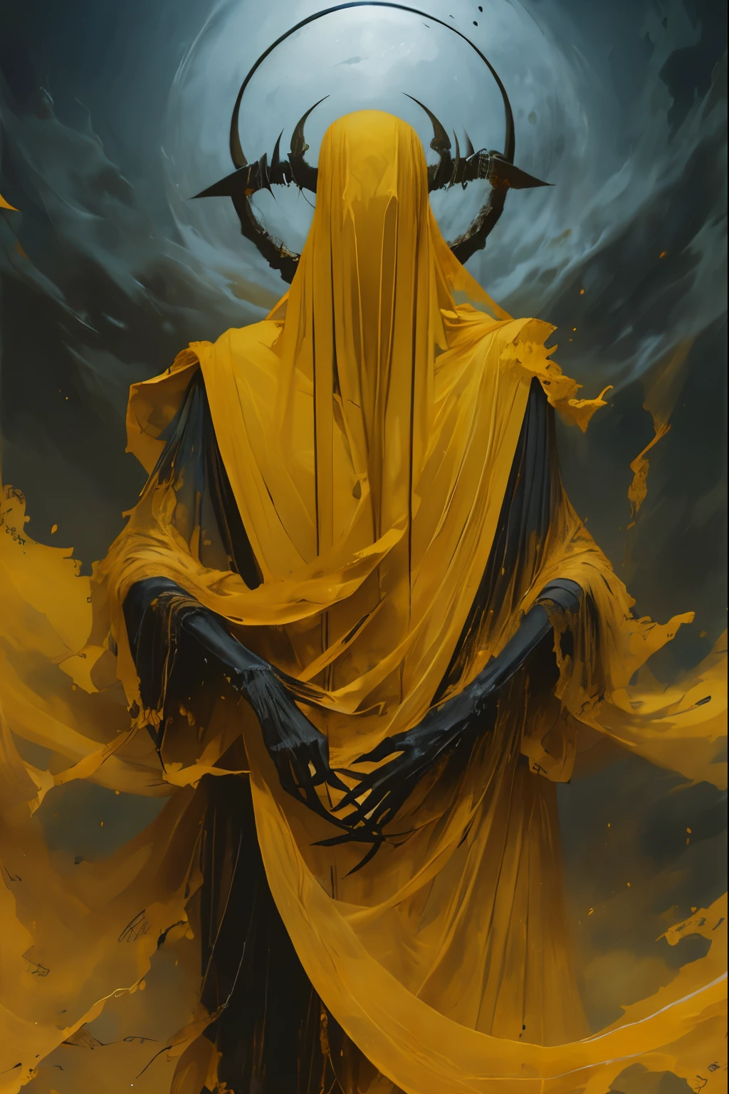 a demon, pale yellow skin, gaunt, very slender/lanky, crown of horns protruding from scalp, mischievous, large boney feet, long boney fingers, wearing vibrant yellow shawl, tattered yellow poncho, aged yellow cloth wrapped around torso and pelvis, very boney physique, nimble, yellow cowl over head, bright yellow veil covering face, very thick veil, veil covering eyes and mouth, veil obscuring face completely, no visible face, trickster, mischievous body language, skeletal body, dry gaunt flesh, crouching stance, crouching, bent legs, bending toes, arms splayed out to the sides, trickster god