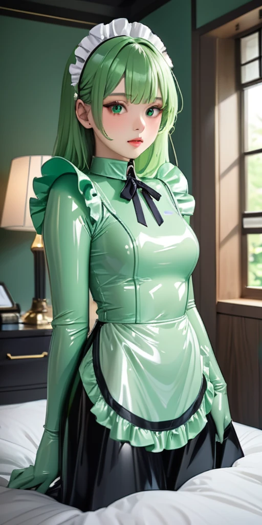 Portraiture、(masterpiece,Highest quality,Ultra-high resolution),Japanese women, (((Very beautiful 25 year old girl))),(Pale green latex maid outfit)、(Pale green latex long skirt)、(A long-sleeved latex shirt that covers the upper body)、Pale green latex gloves、Pale green latex socks、Pale green latex bodysuit、Frills、The clothes fit snugly to the body、Latex is very shiny、Dark Room、