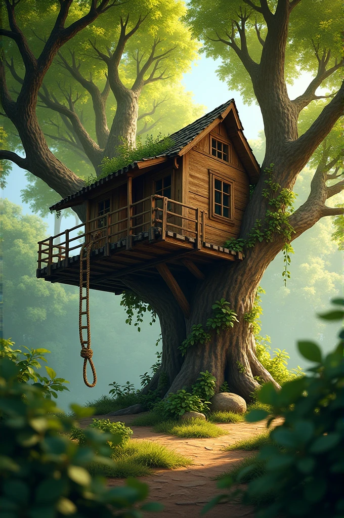 The treehouse was perched high among the branches, almost hidden by the thick leaves. A rope ladder hung down, swaying slightly in the breeze.
