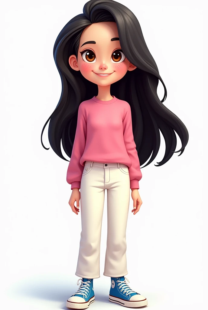 Fun cartoon white woman with long black straight hair, pink long-sleeved shirt, white pants, blue All Star sneakers and dark brown eyes.