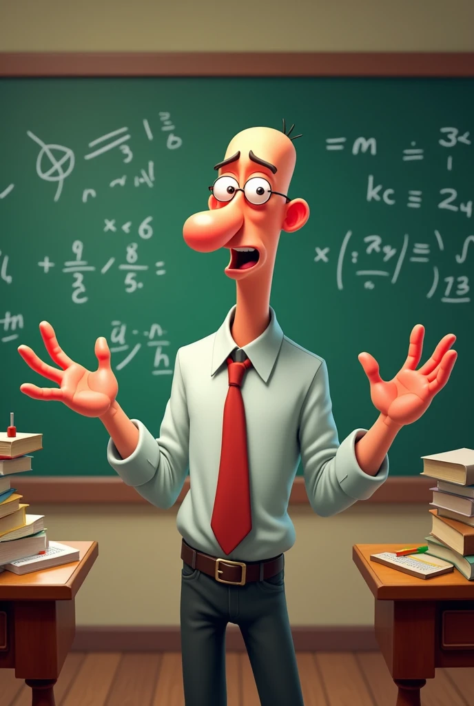 A bald man with a large, prominent nose, Similar to Dr. Doofenshmirtz from 'Phineas and Ferb'. He should be dressed in math teacher clothes, like a dress shirt, tie and pants. The surrounding environment should be a classroom with blackboards, mathematical equations and teaching materials. The image style can be cartoonish and colorful, with an expressive look and a gesture that suggests he is explaining a mathematical concept."