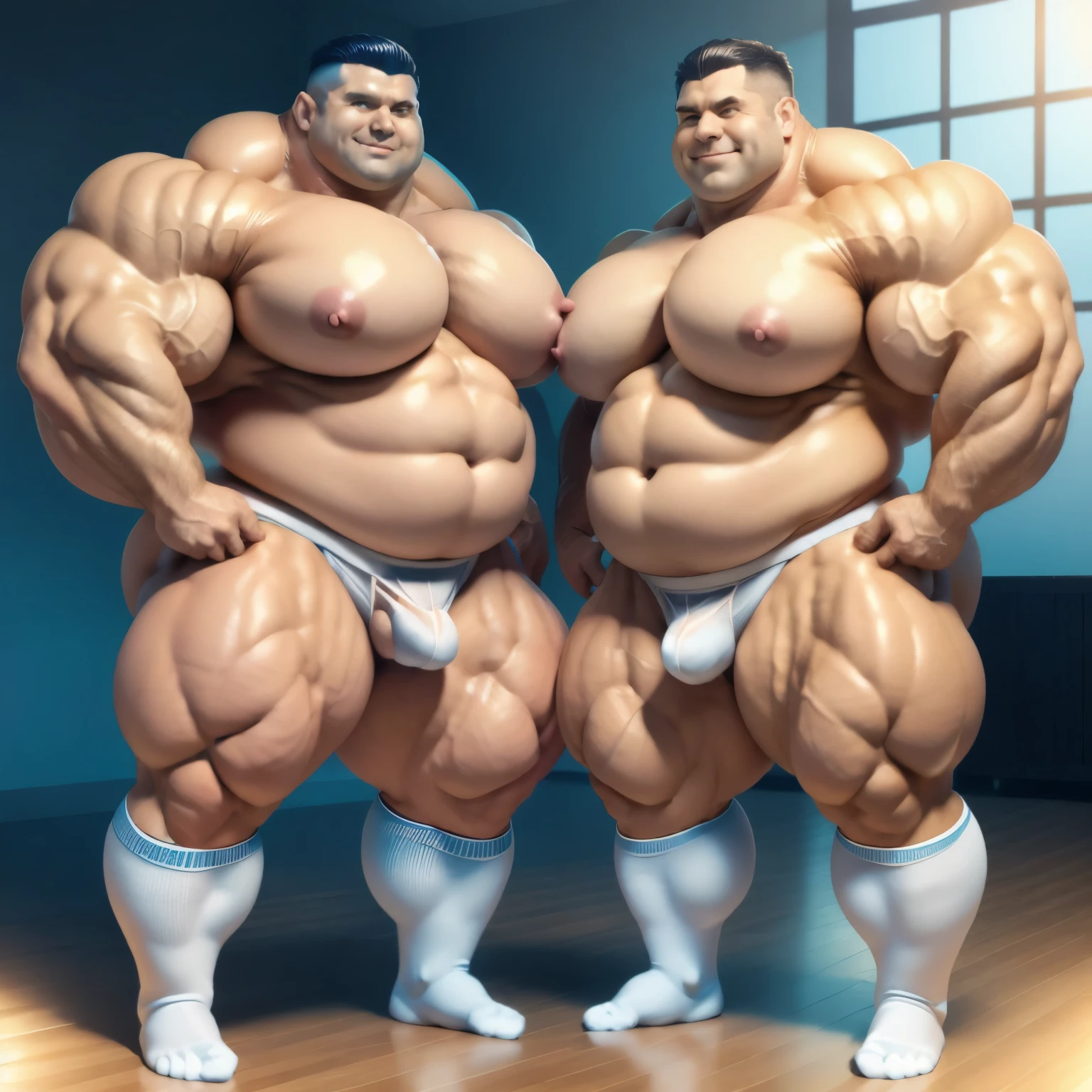 HQ photo, detailed faces, full body view, two shirtless beerbellied over-muscular bloated white european heavyweights males with undercut clean haircuts, lycra jumpsuits, in white pro sheer socks , overfed like obese gorets, over-muscular and fatly obese, posing flexing over-inflated triple-biceps . their pecs and bulges are touching. Their socks must be seen