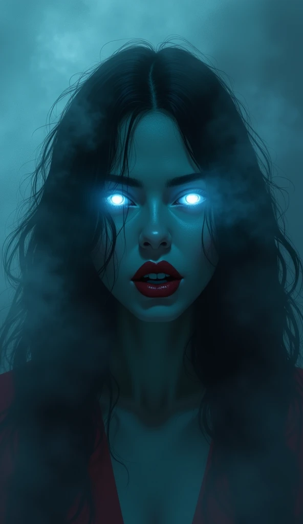 fantasy comic art fog hiding female vampire, you only see a pair of glowing blue glowing eyes )) full body picture, (((the fog hides the face))), red lips, ((vampire fangs: 1.5)), you see only the glowing eyes , you see only the pair of eyes, fantasy dark alley background, the fog fills the alley, you see only the glowing eyes