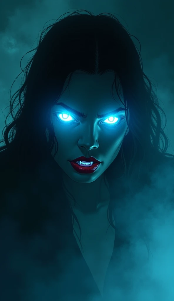 fantasy comic art fog hiding female vampire, you only see a pair of glowing blue glowing eyes )) full body picture, (((the fog hides the face))), red lips, ((vampire fangs: 1.5)), you see only the glowing eyes , you see only the pair of eyes, fantasy dark alley background, the fog fills the alley, you see only the glowing eyes
