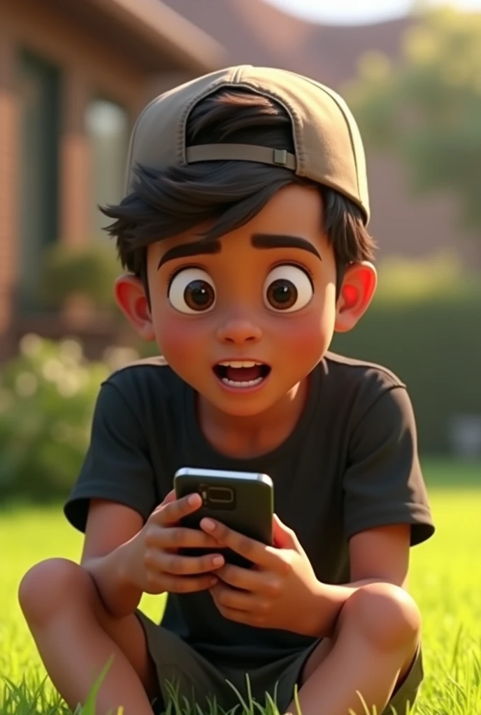 ( male character) a young boy animated movie in the Disney Pixar style, high qualiy, best qualityer , beautiful face brown skin, short straight hair , beautiful eyebrow , wears black shirt , wears a backwards cap, is messing with her smartphone, sitting on the grass of your house , giggling