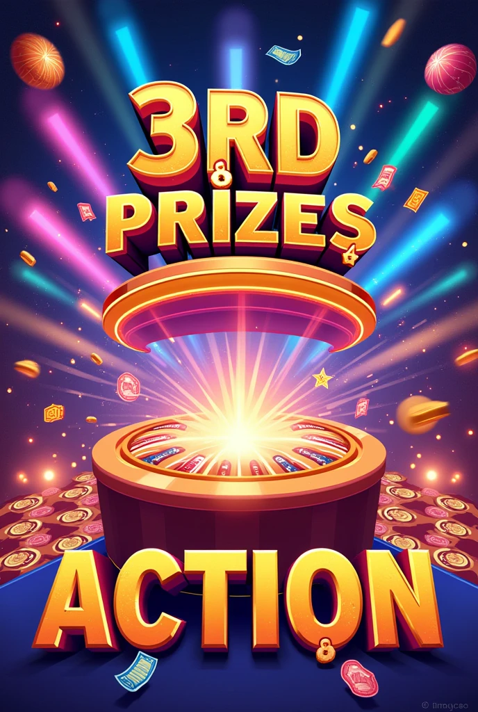 Make an artwork with the title 3RD PRIZES ACTION RELEASED (In Portuguese). Place some elements (DON'T PUT PEOPLE) that show a raffle. Use bright, eye-catching colors.