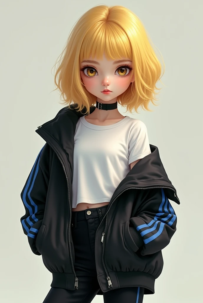 girl with blonde hair, 16 years, short stature, yellow eyes with a dark touch, slanted eyes, full lips, fine nose, White T-shirt, black jacket with dark blue stripes, black pants, black boots