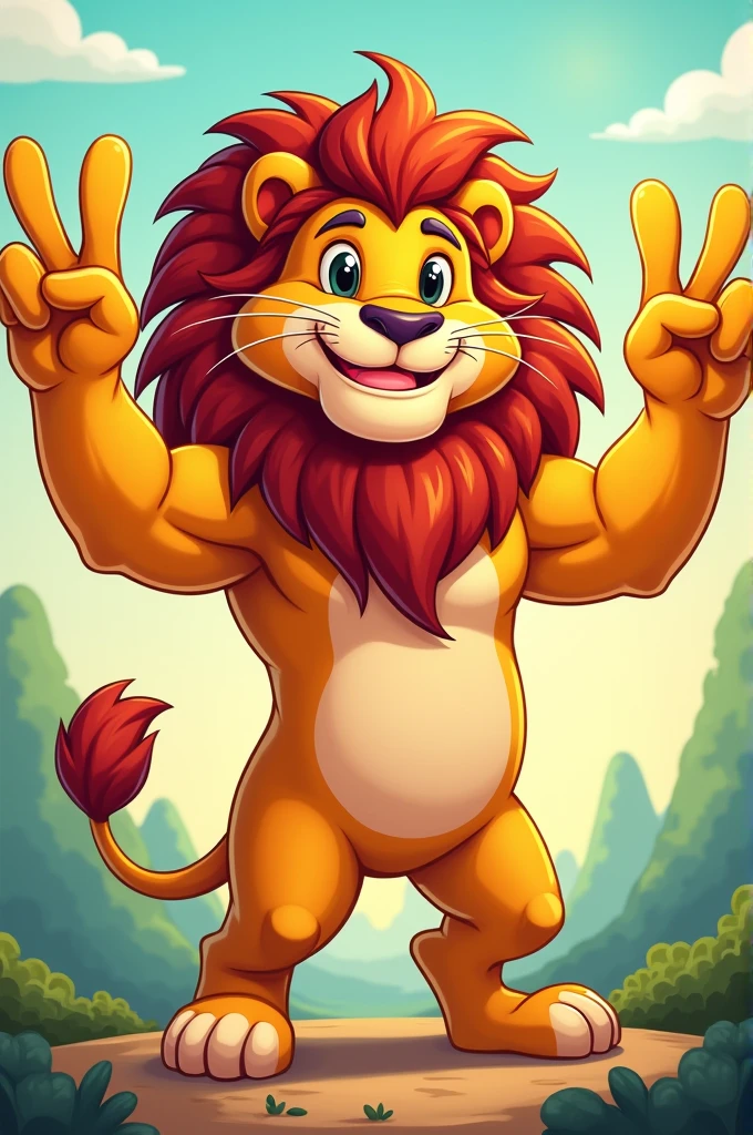 Cartoon lion with strong arms making the peace sign