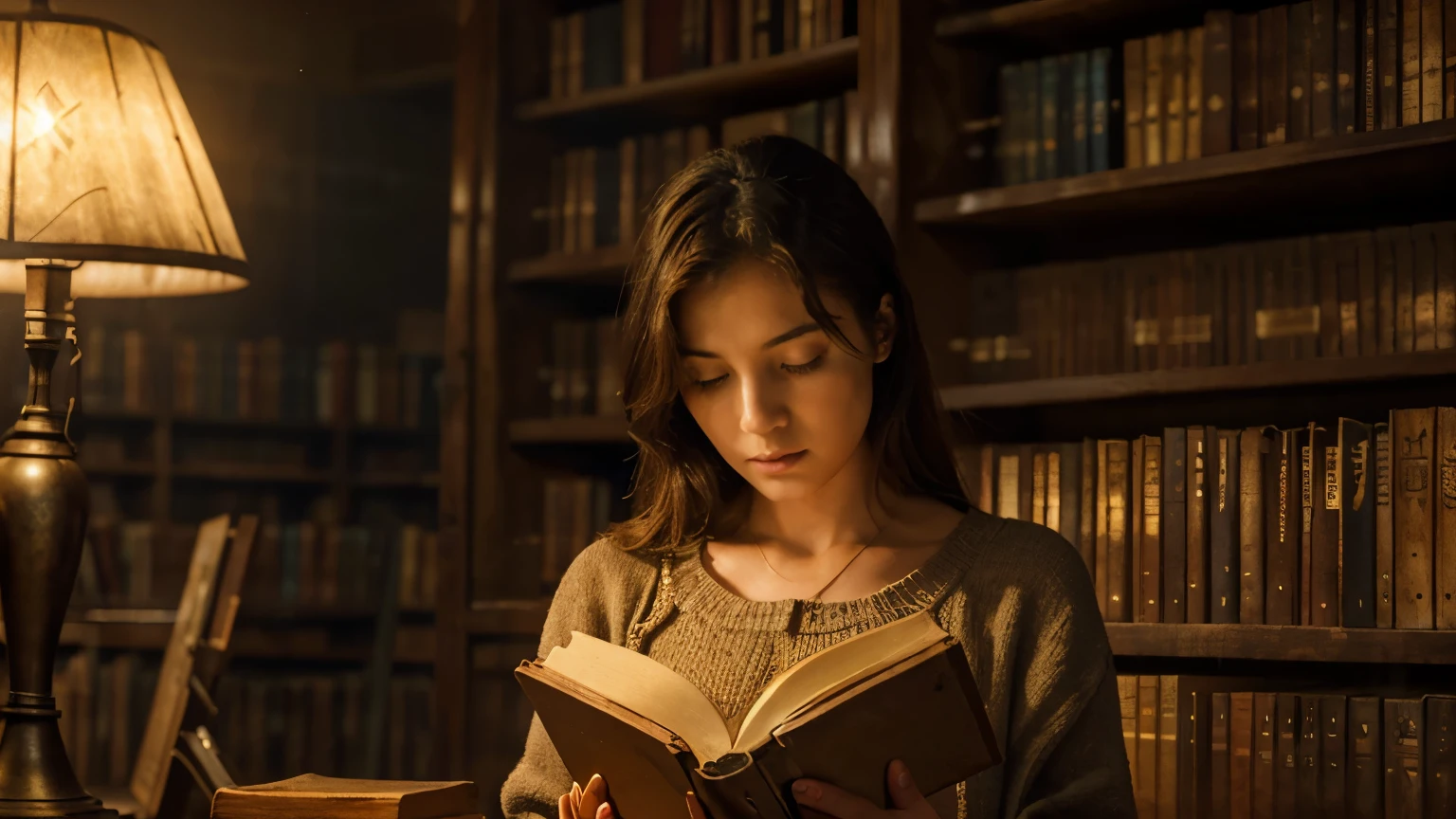 A woman reading an ancient book in a dusty library, the book glowing with supernatural light, shelves of dusty books in the background, warm colors like gold and brown, blue light from the book, 16:9 --v 5 --ar 16:9 --style dramatic