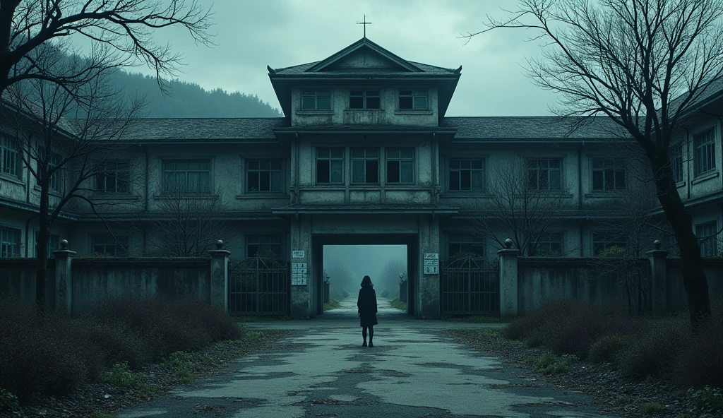 A sad japanese school abandoned who the atmospher is very dark, outside of the school views anime style, the school entrance