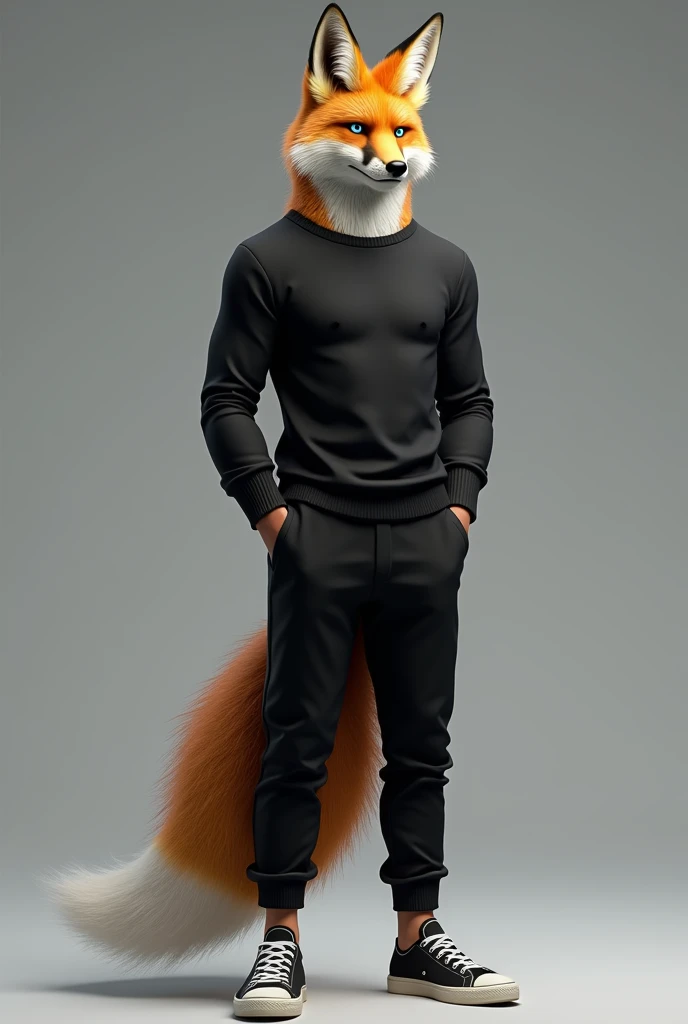 1guy, male fox, furry, anthropomorphic, blue eyes, handsome guy, with black sweater and long pants, sneackers, standing