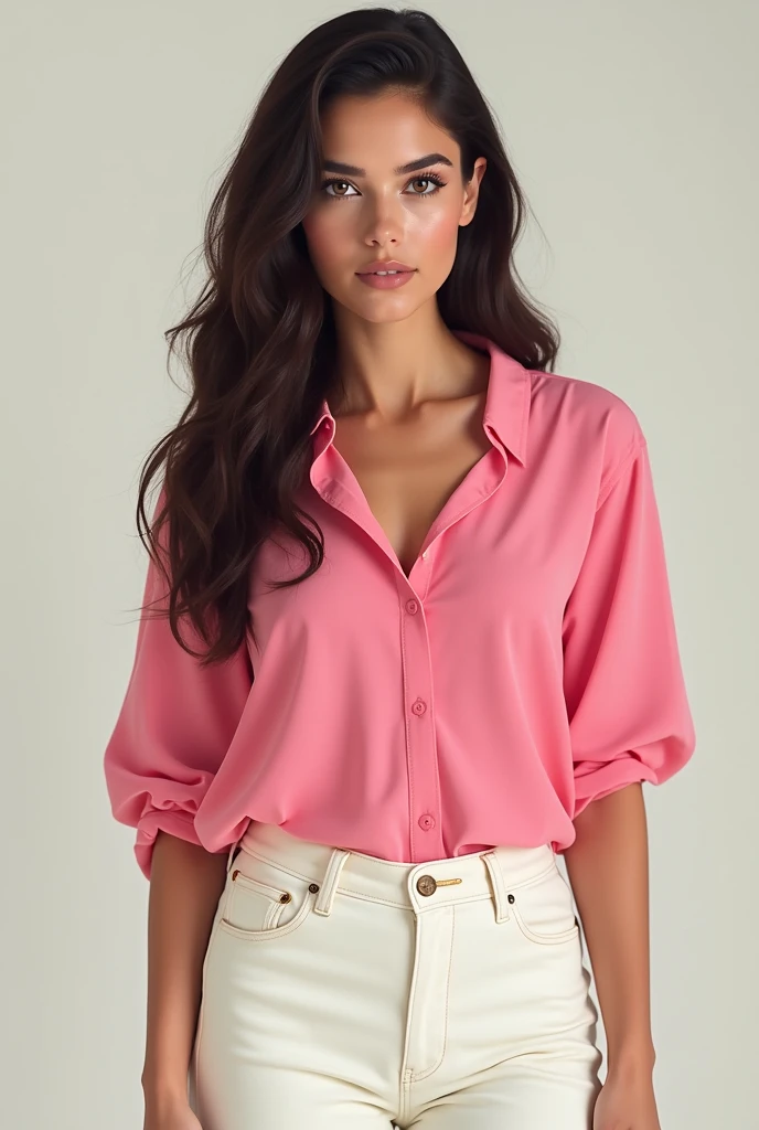 White woman with brown eyes, black long hair, pink blouse, white pants, and blue All-Stars.