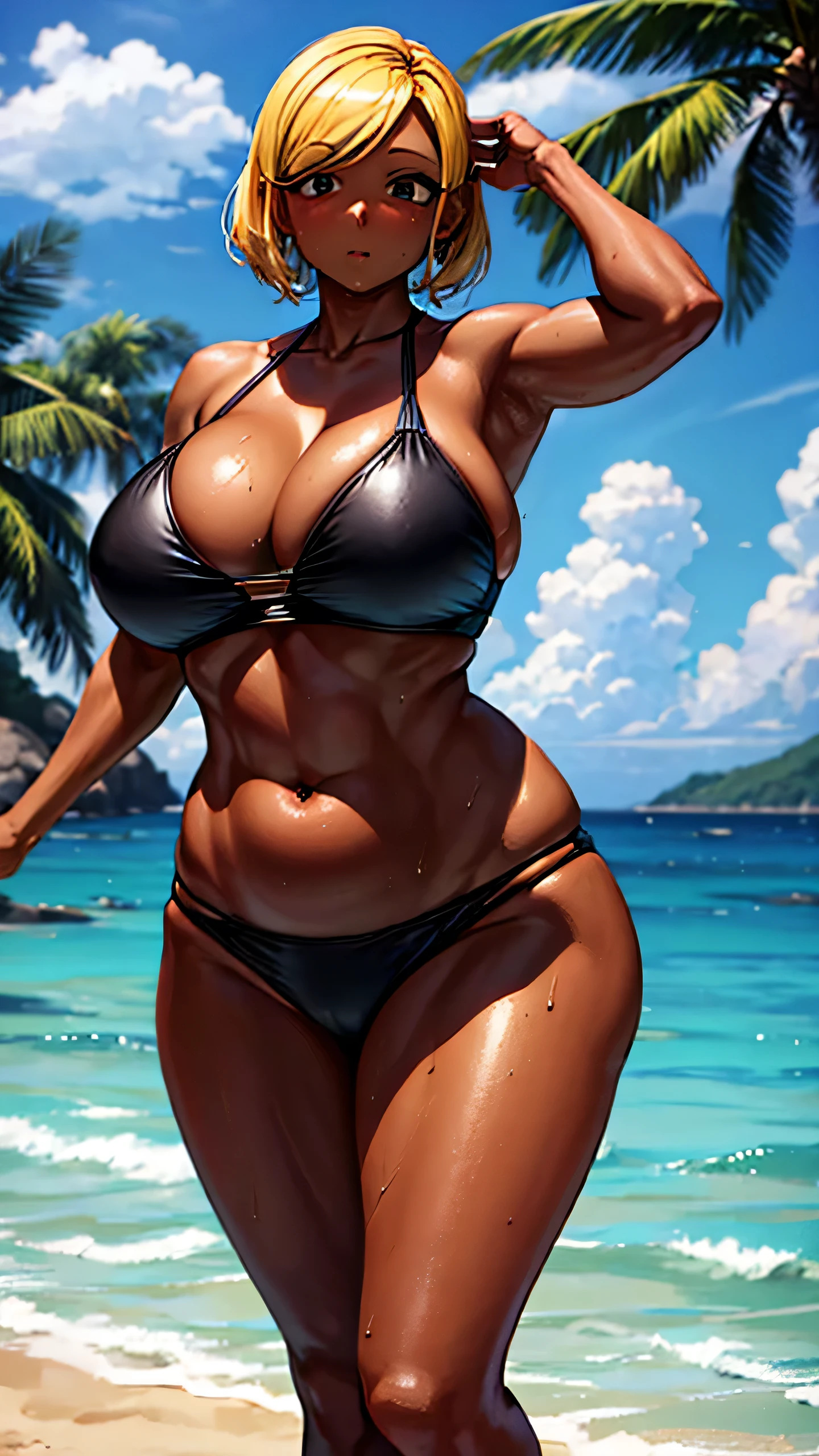 ManbagiRumiko, Highest quality、Low - Angle、Ample buttocks、Thong、Plump body、Long legs、Beautiful back、Blonde Short Hair、sunset、Beach、Plump big breasts、Thick thighs、Sweaty、Dark Skin、Beauty、Abdominal muscleuscle、Black Bikini, UHD, masterpiece, retina, high quality, best quality, highres, 8k,