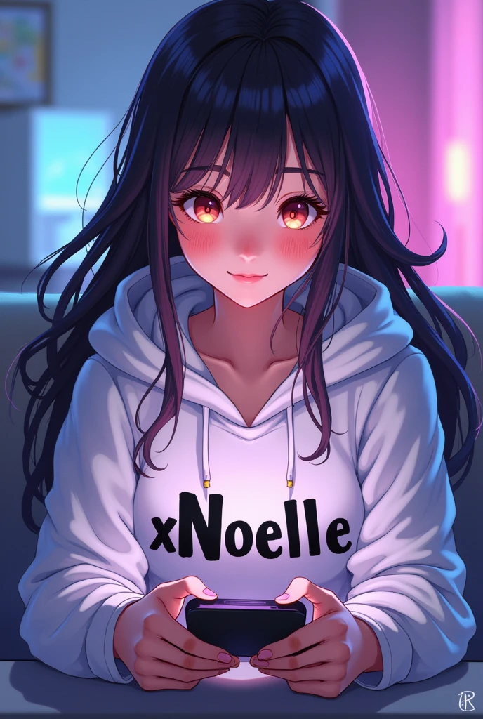Anime gamer cewek dewasa bermain game smartphone dengan mode landscape, wearing a white hoodie that says xNoelle