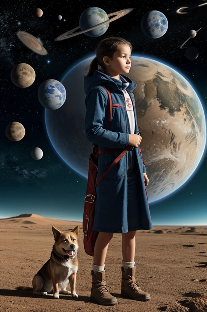 A young girl and her dog traveling around the planets