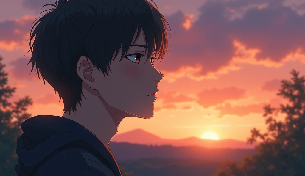 A Japanese male college student stares into the distance with a somber expression.,Excited,  Against the backdrop of the sunset, with a natural look, With a slightly tired look, tilt your face a little, Diagonal orientation, Average face
