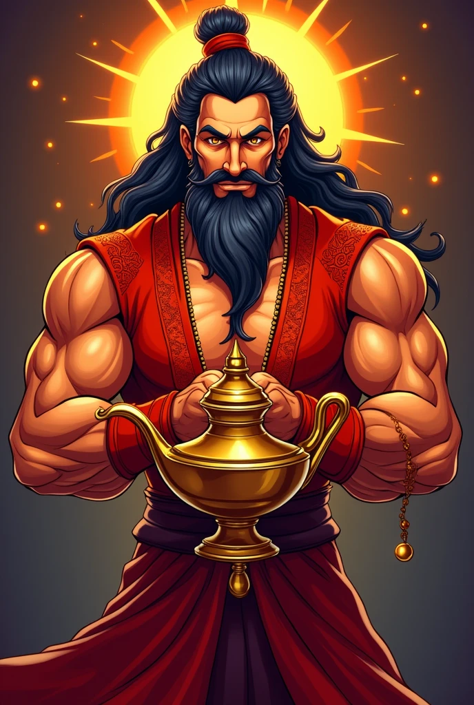 {
"prompt": "A logo design featuring a muscular genie emerging from a magic lamp. The genie has an orange-reddish and deep red hue, wearing a traditional genie vest. He has dark black hair and a long, pointed beard. His expression is friendly yet powerful, suitable for a logo of an Arabic restaurant. The overall style is similar to the genie from Habib's, with a focus on vibrant colors and strong lines.",
"size": "1024x1024"
}