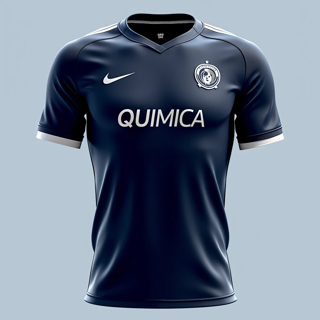 generate a sports shirt, navy blue color with the word Quimica, on the chest in the upper left part and on the right shoulder, a logo ￼￼