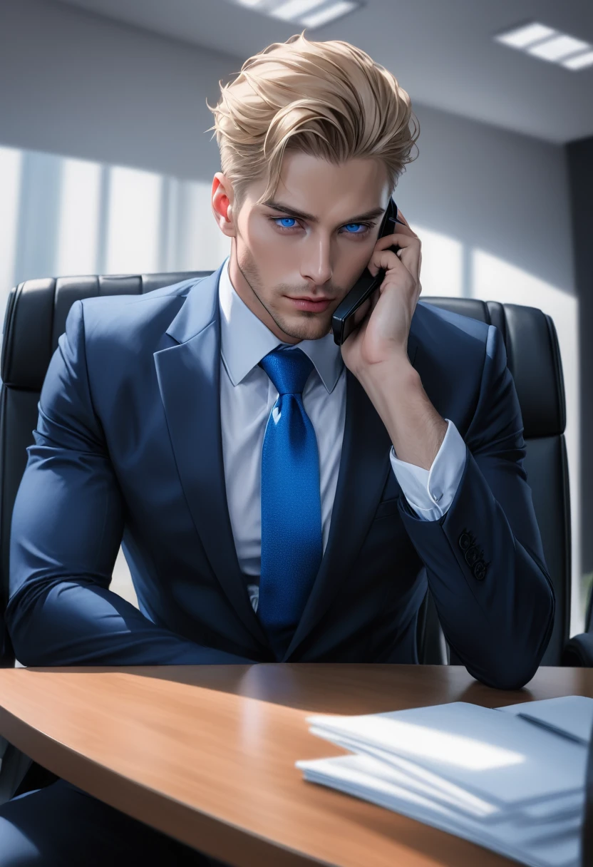 blond man in suit, Beautiful, virile body, blue colored eyes, sitting in a meeting room, distracted on the phone with a longing expression