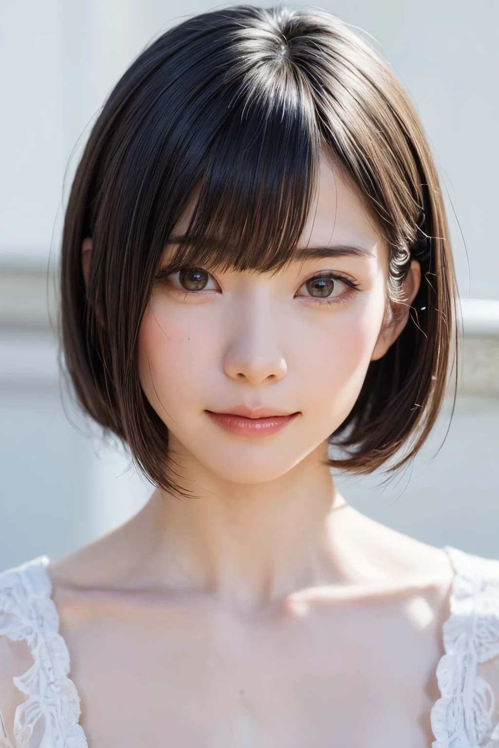 ((masterpiece, Highest quality, High resolution、Realisticですべてが美しく詳細に描かれている)), 1 person, (Realistic: 1.4), alone, White Background, snow-White Background, Mouth closed, smile, smile, Beautiful black hair, short hair, Big eyes, Transparent double eyelids, eyelash, Listen carefully, Long neck, 美しくLong neck, Absolute area, ((Face close-up)), (Draw the whole head, shoulder), 19 years old, Attractive proportions, Glowing Skin, Beautiful clavicle, Golden ratio face, Perfect Face, Teardrop-shaped mole, chestのほくろ, bangs, clean bangs, beautiful bangs, Lip gloss, Thin lips, Fair skin, naked, Big Breasts, {Huge|big|Hugeな|Mega} chest:2, chestの谷間:2,chestの谷間を見せる、Small face, Small face, All the heads are painted, shoulder all drawn, Point slightly above the camera