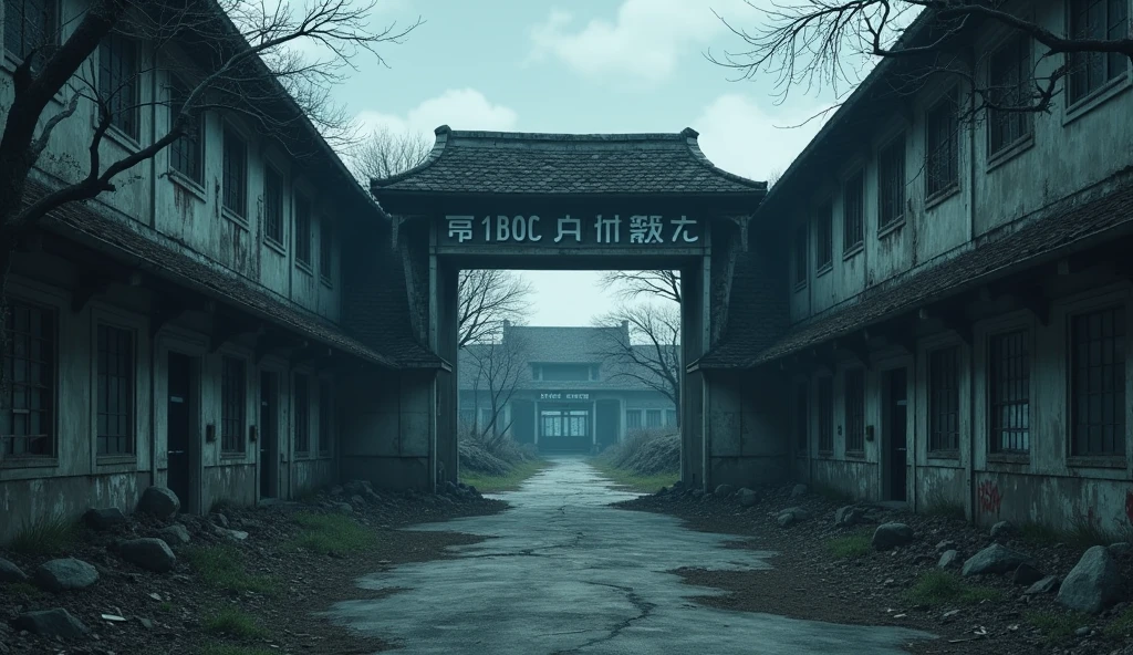 A sad japanese school abandoned who the atmospher is very dark, outside of the school views anime style, the school entrance