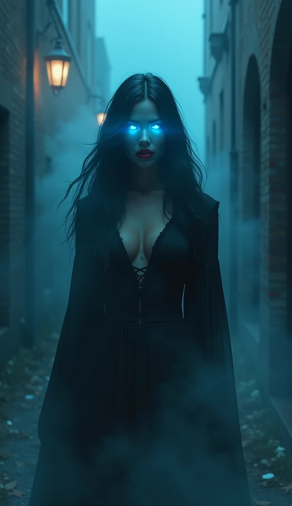 fantasy comic art fog hiding female vampire, you only see a pair of glowing blue glowing eyes )) full body picture, (((the fog hides the face))), red lips, (((vampire fangs: 1.5))), you see only the glowing eyes , you see only the pair of eyes, fantasy dark alley background, the fog fills the alley, you see only the glowing eyes