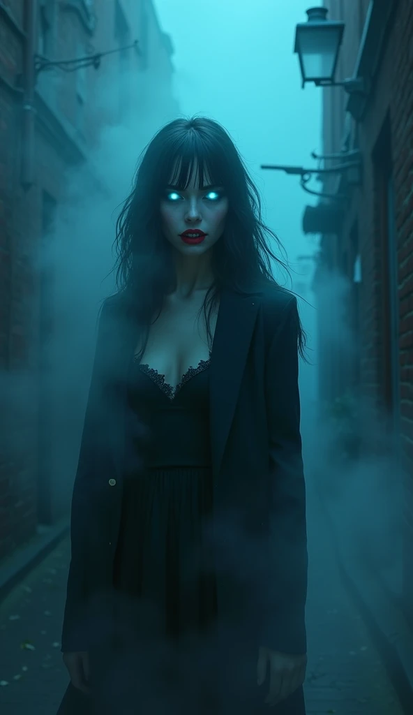 fantasy comic art fog hiding female vampire, you only see a pair of glowing blue glowing eyes )) full body  picture, (((the fog hides the face))),  red lips, (((vampire fangs: 1.5))), you see only the glowing eyes , you see only the pair of eyes, fantasy dark alley background, the fog fills the alley, you see only the glowing eyes 