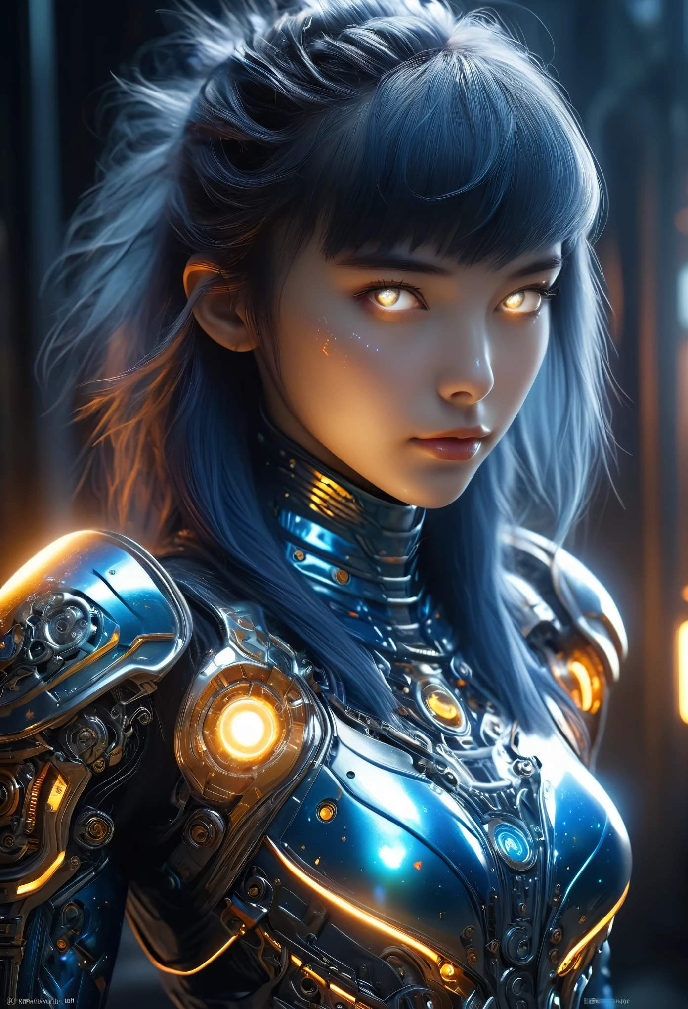 (Best Quality, 4K, 8K, High Resolution, Masterpiece: 1.2), (Super Detailed, Realistic, Photorealistic:1.37), A woman in futuristic clothing, Trending on cgstation, Trending on cgstation, (Portrait of a girl in the Knights of the Zodiac:1.4), blunt bangs, Cute Cyborg Girl, Perfect android girl, Portrait Astronaut Girl, Beautiful girl cyborg, (Girl wearing iridescent and blue mechanical cyber armor:1.3), Game CG, cgsociety and fenghua zhong, Beautiful Cyborg Shrine Maiden, Bioluminescence, (Yua Yaiba:0.5), (Golden eyes:1.5), Anatomically correct grip, (Sharp and long claws:1.4), erotic and sexy, black and blue, blue and orange 