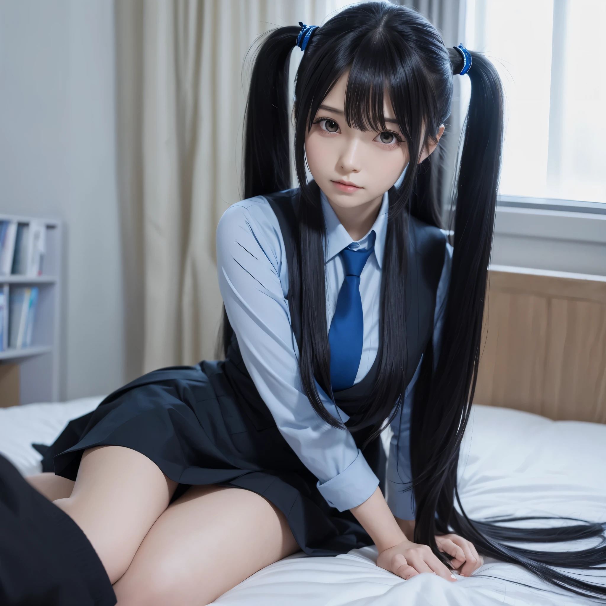 An anime character with long black hair and a blue tie is sitting on a bed., Anime Moe Art Style, Fascinating anime, Twin tails,Panting，